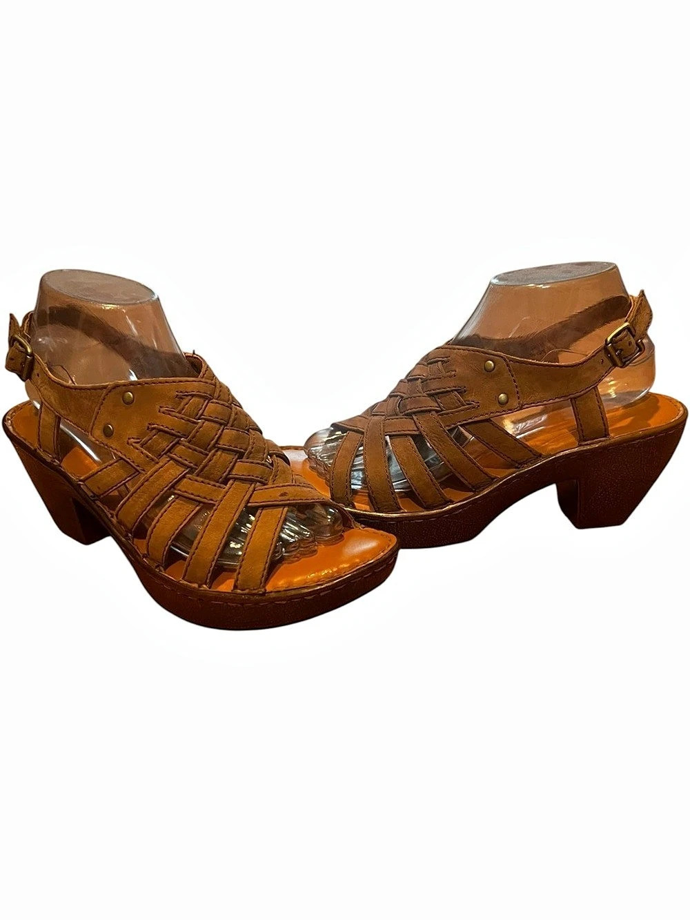 Born Leather W619147 CKD10 Woven Platform Heeled Sandals Brown US 8 Like New!